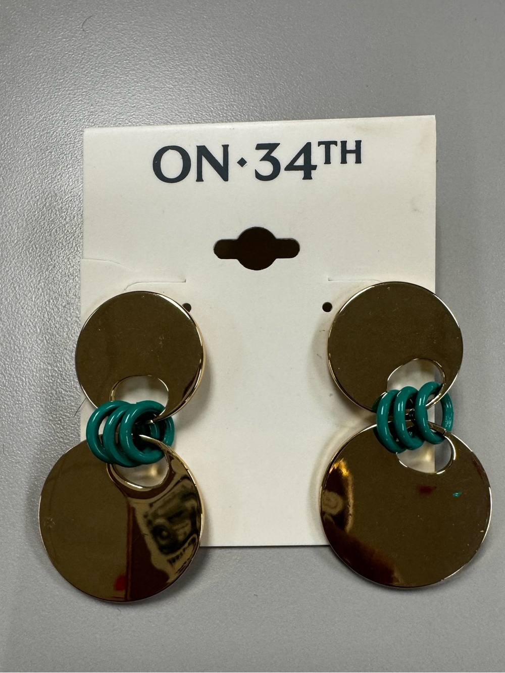 ON·34TH Gold Double Disc Earrings with Teal Rings